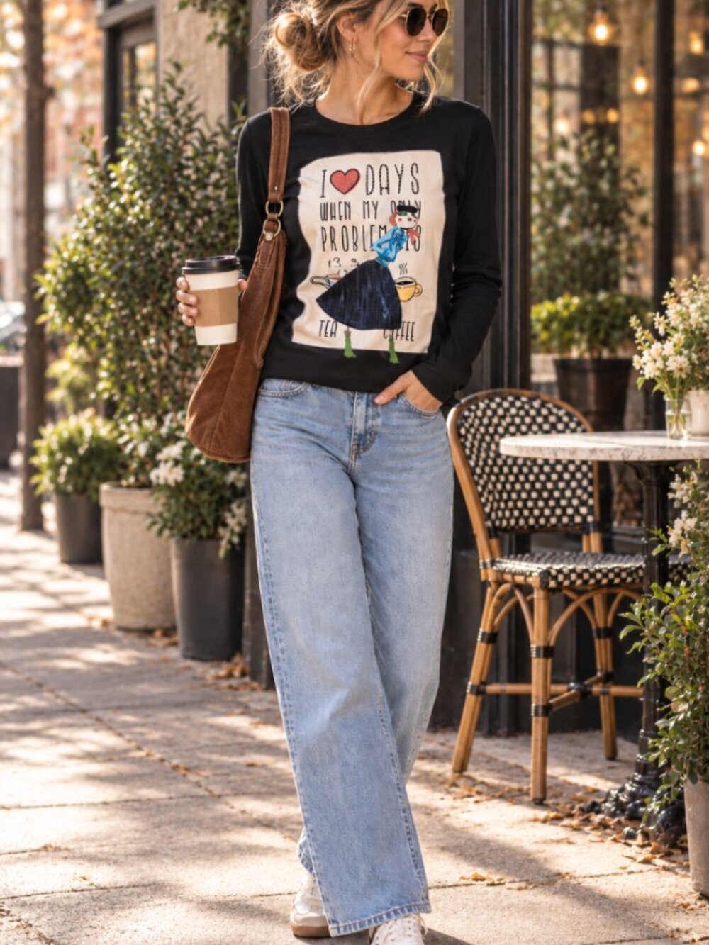 Love Moschino Tea Coffee Black Long Sleeve Graphic Top 4 Parisian Whimsy Twee